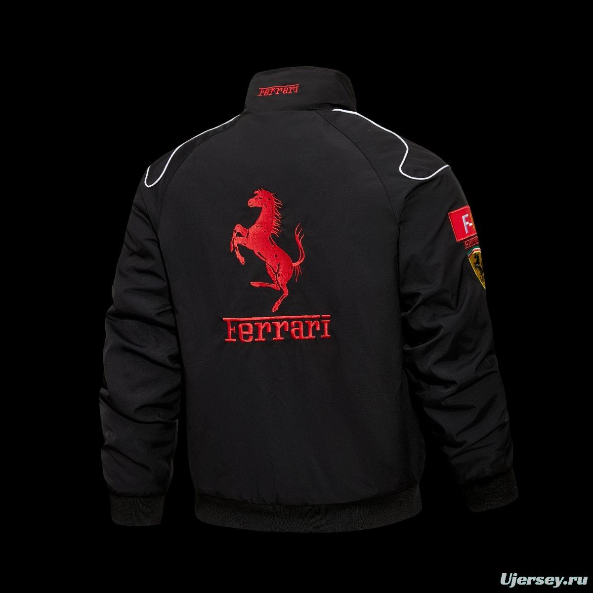 2026 Scuderia Ferrari F1 Team Black Racing Jacket with Red Stripe and Shell UPS Sponsor Logos