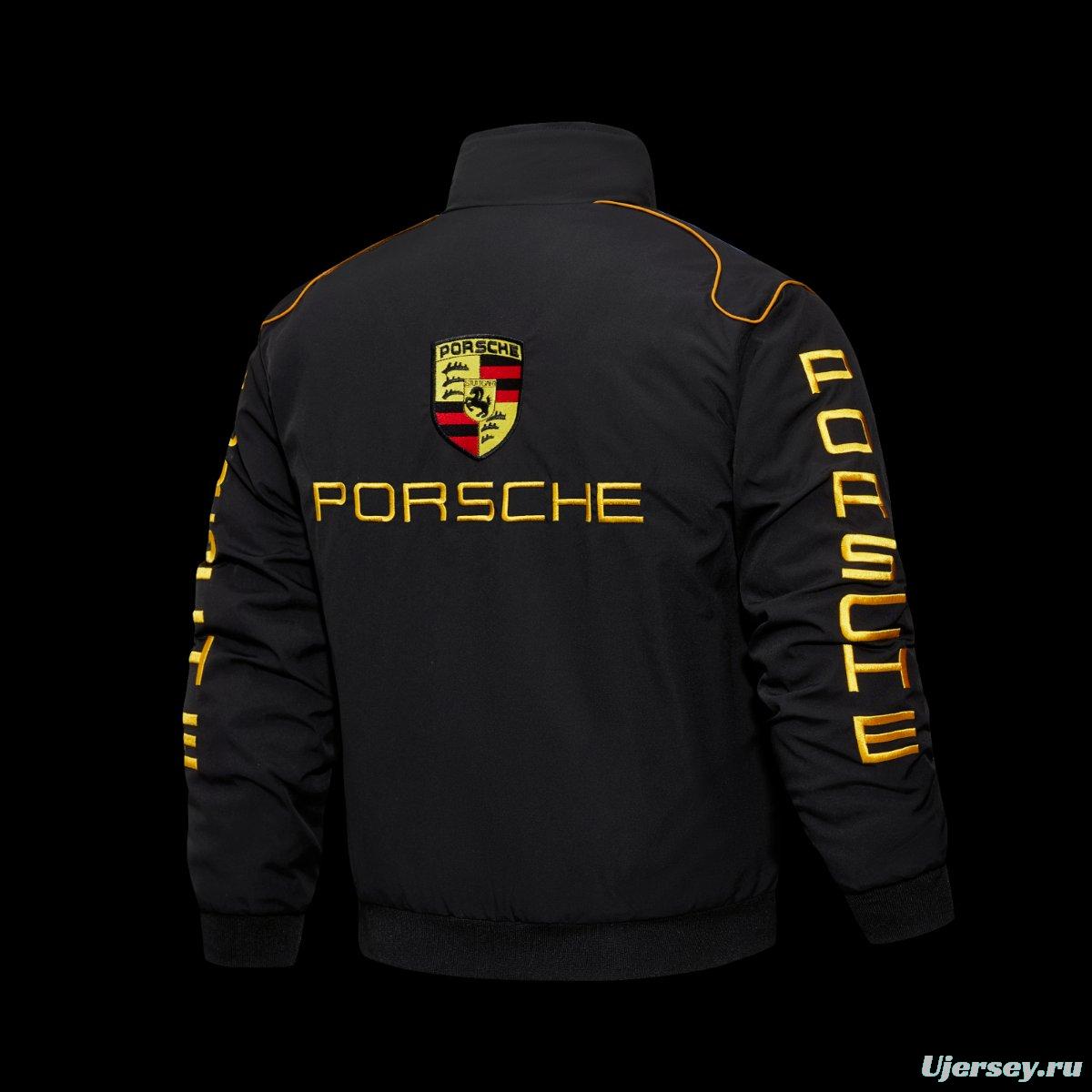 2026 F1 Porsche Motorsport Black Racing Jacket with Gold Lettering and Crest Badge