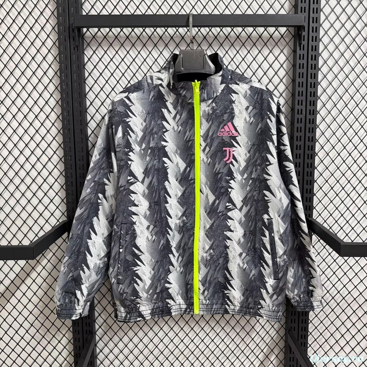 25/26 Juventus Grey with White Zigzag Pattern Full Zipper Windbreaker