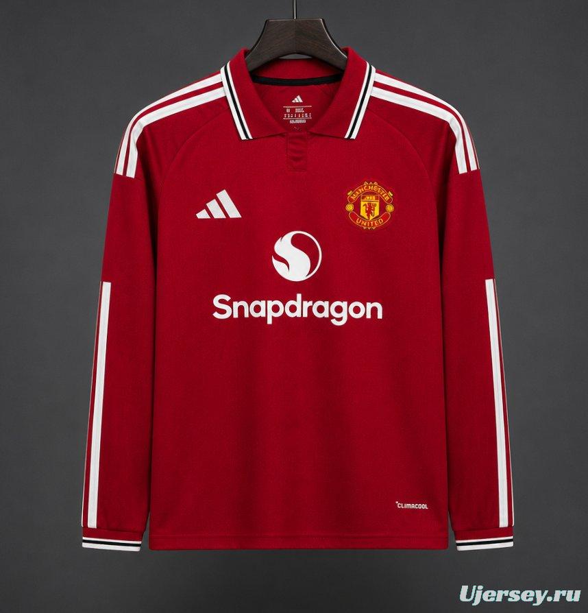26/27 Manchester United Red with White Stripes Long Sleeve Home Jersey